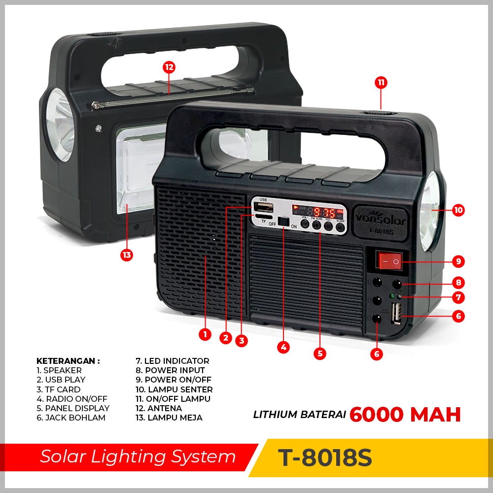 Advance Digitals Vansolar T-8018S Lampu tenaga Surya dan Speaker / Alat Camping Serba Guna / Lampu Camping / Speaker Powerbank I Hitam