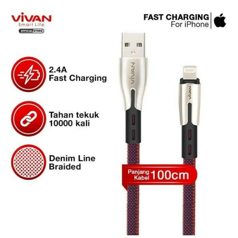 Vivan BTK-L Kabel Data Charger iPhone 7 8 X XS XR 11 12 PRO Mini Lightning 2.4A Fast Charging 1M