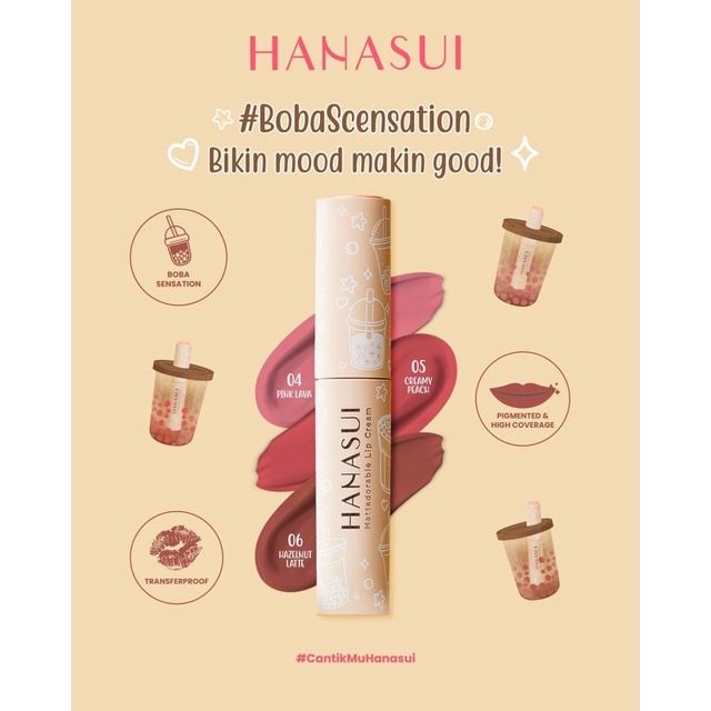 HANASUI MATTEDORABLE LIPCREAM BOBA EDITION Matte Lipstick | 01 Forest Berry | 02 Brown Sugar | 03 Salted Caramel | 04 Pink Lava | 05 Creamy Peach | 06 Hazelnut Latte Lip Cream Lipstick Hanasui Terbaru