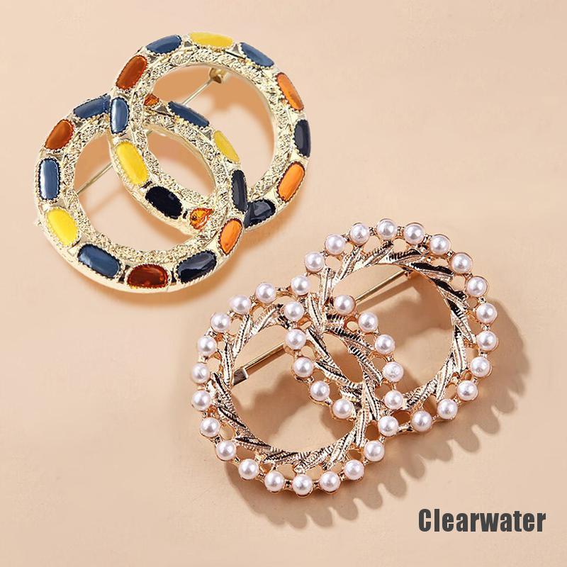 Bros Pin Enamel Bentuk Lingkaran Ganda Aksen Mutiara Warna-Warni Untuk Mantel Syal-6