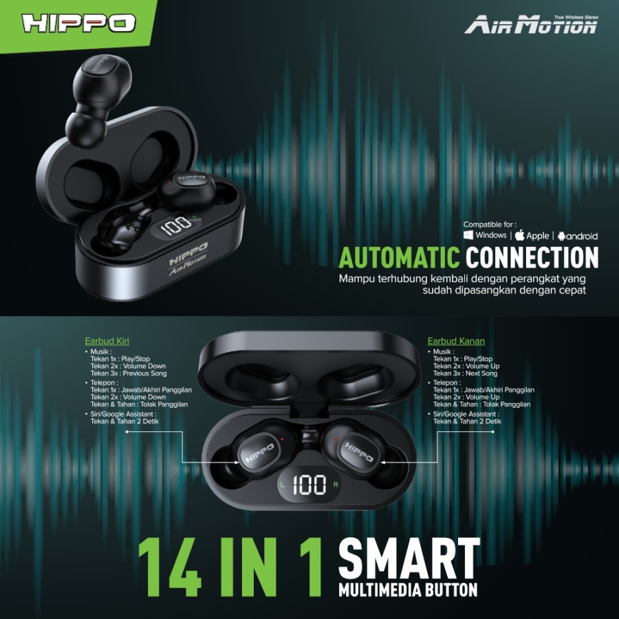 Hippo TWS Airmotion Headset True Wireless Stereo Bluetooth 5.0 Earphone Earbuds Handsfree Original Air Motion