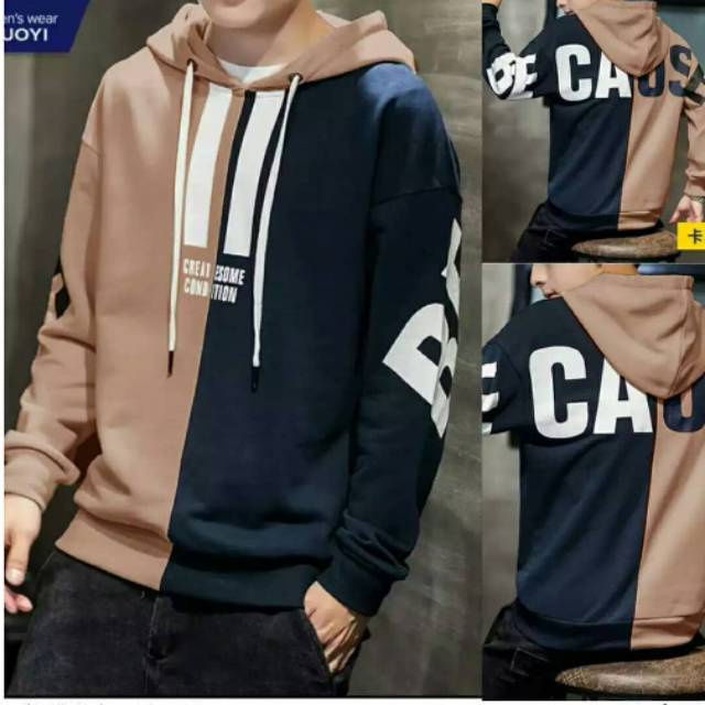 BECAUSE Hoodie Sweater Jacket Oversize Pria Outerwear Kekinian Gaya Casual &amp; Simple Korean Style