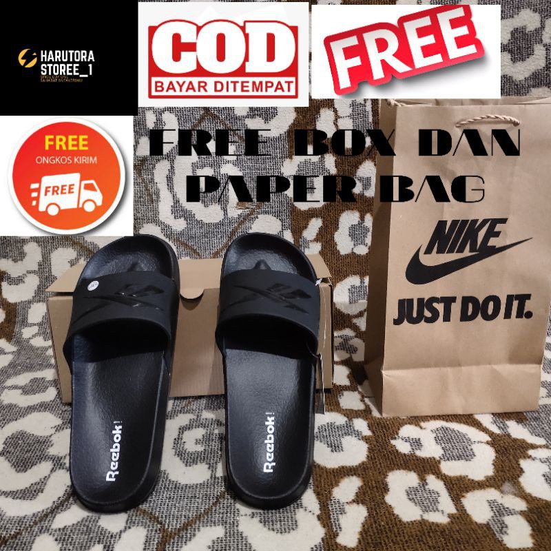 SANDAL SLIDE REEBOK CLASSIC FULL BLACK BERBAHAN FULL KARET TERBARU UNTUK PRIA KUALITAS PREMIUM
