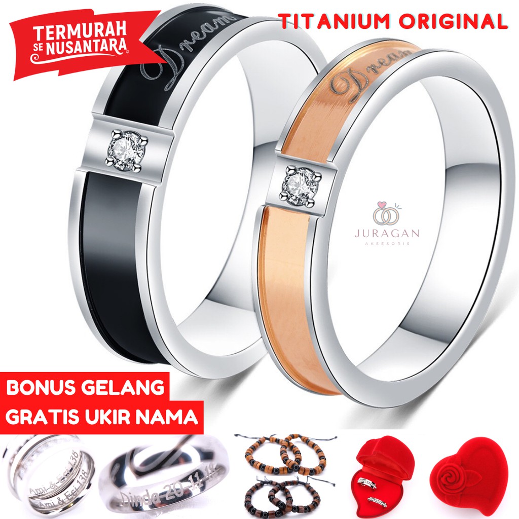 [HIGH QUALITY] Cincin Couple BUCIN R87 Titanium Ukir Nama + Box Cincin Beludru + BONUS Gelang Couple