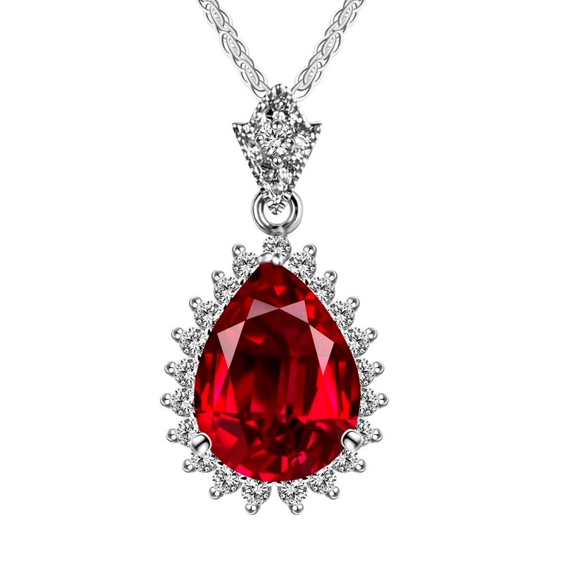[Ready Stock]Fashion Inlaid Color Ruby Necklace Simple All-Match Emerald Water Drop Pendant