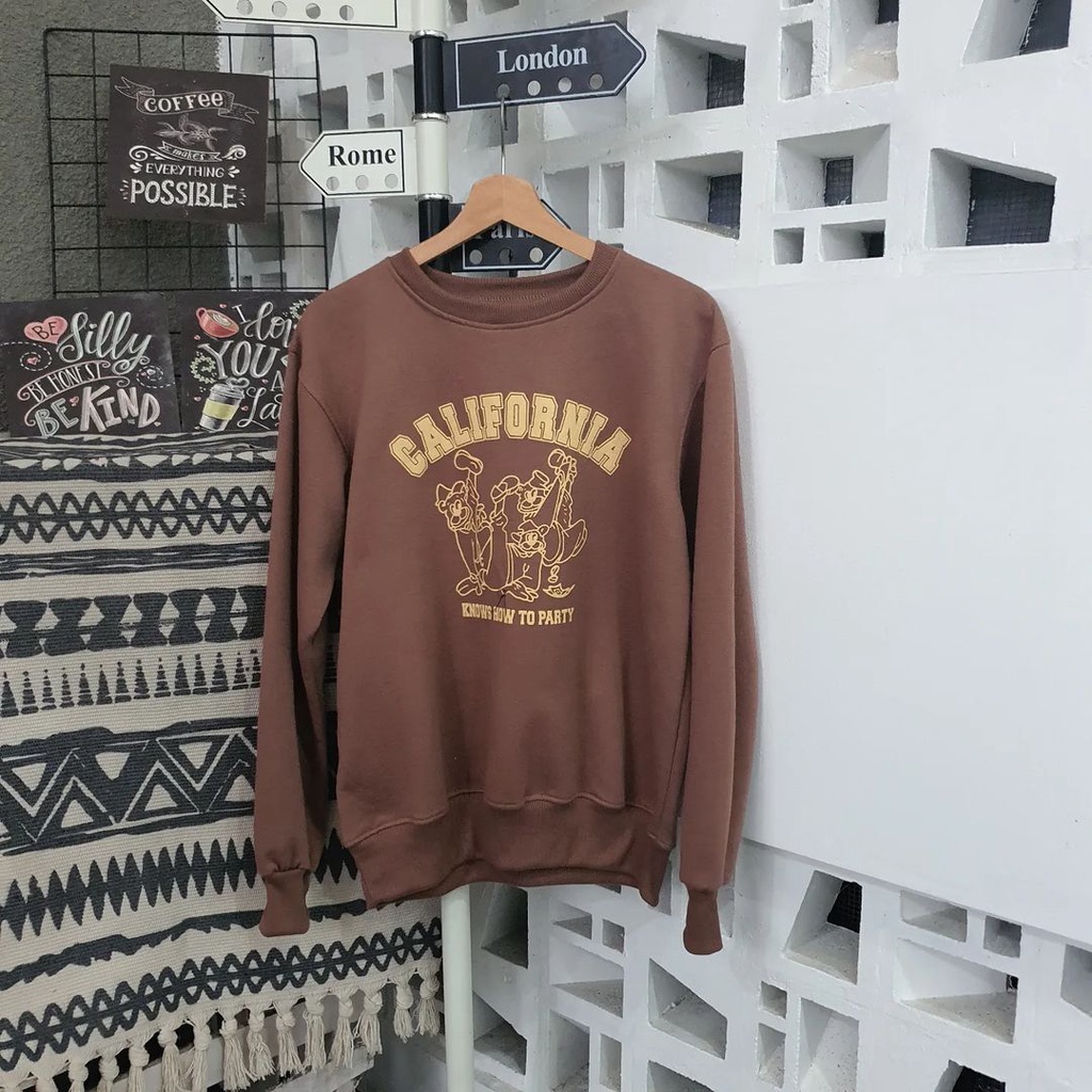 Sweater Crowneck Oversize Motif Californian Knows Bahan Pleece Tebal Ala Korean Style