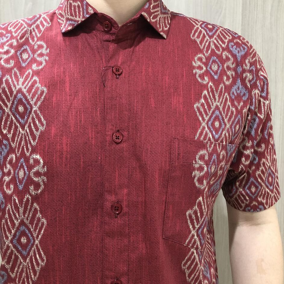 ✰ [GRIDLINE R070 Steel Blue & Maroon] Kemeja Batik Pria Katun Lengan Pendek Regular motif Songket ➾