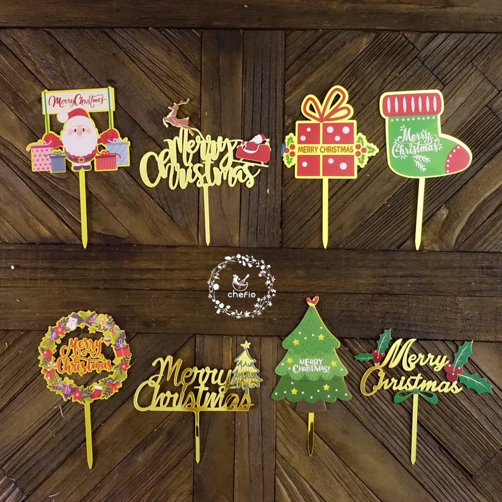 (isi 10pcs) Cake Topper Natal Tahun Baru / Tusukan Hiasan Kue Merry Christmas