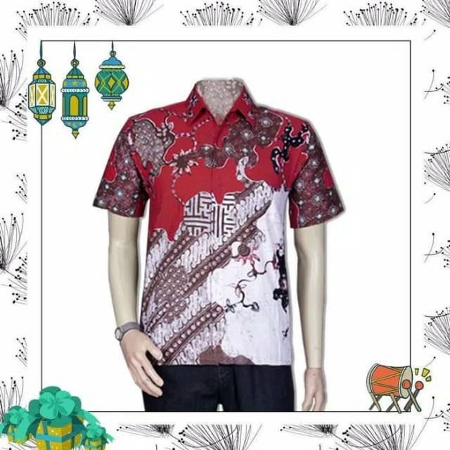 Baju batik pria lengan pendek merah