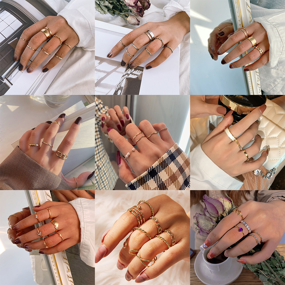 AY(CN) Set Cincin Berlian Mutiara Warna Emas Perak Gaya Korea Untuk Wanita