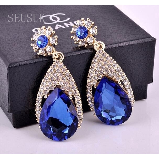 SEUSUK  Fashion Blue Large Crystal Vintage Pendant Earrings Female Dangle Earrings Sapphire Jewelry