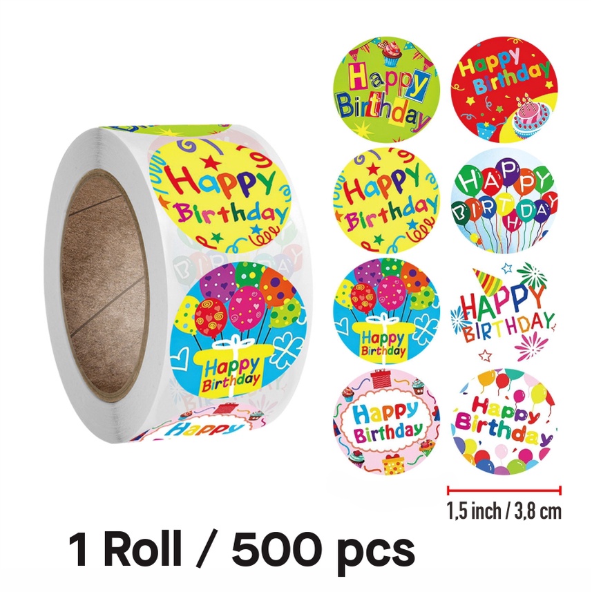 

500 pcs/ roll Label Sticker Happy Birthday Stiker Tag Ulang Tahun Bundar 1,5 Inch/3,8 cm