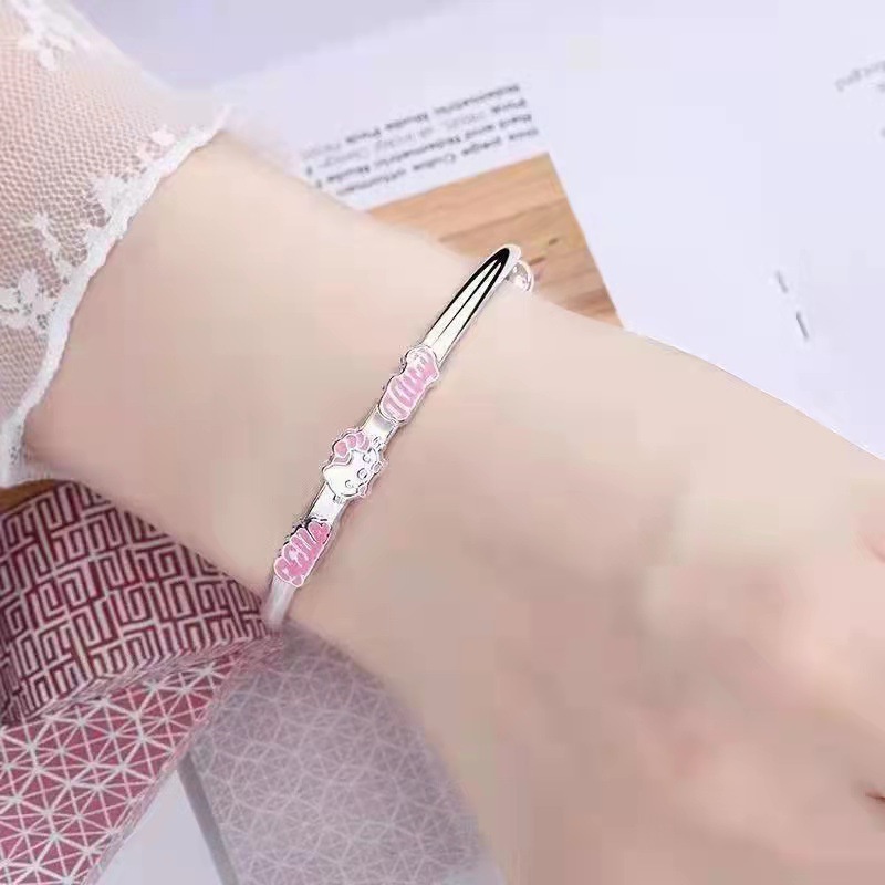 Gelang Tangan Sterling Silver 925 Adjustable Motif Hello Kitty Lucu Untuk Wanita / Pasangan