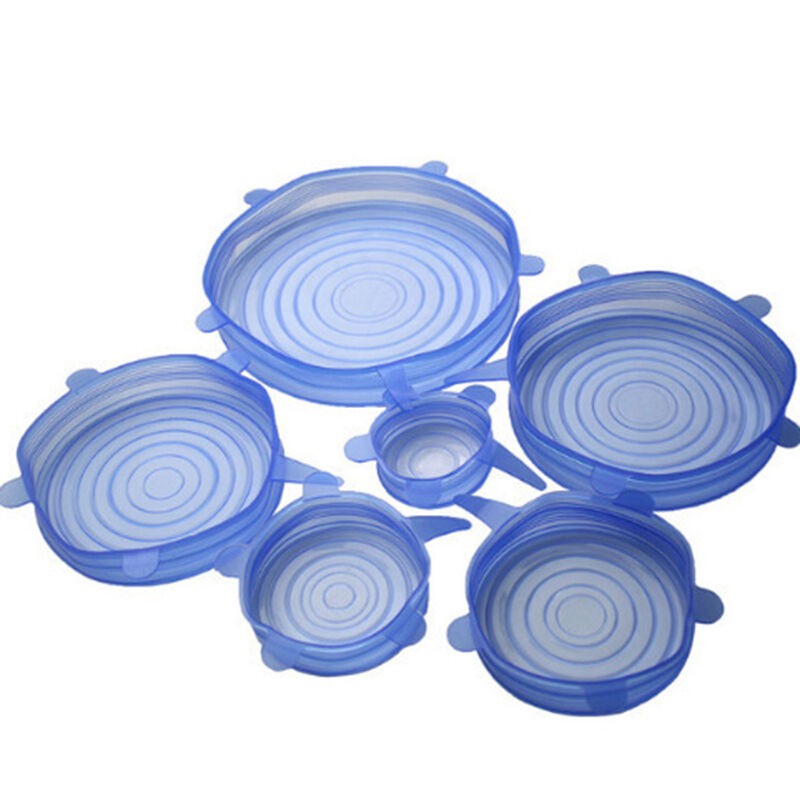 PLASTIK MANGKOK - MICROWAVE / KITCHEN REUSABLE SILICONE WRAP MICROWAVE BOWL SEAL COVER BLUE 6PCS