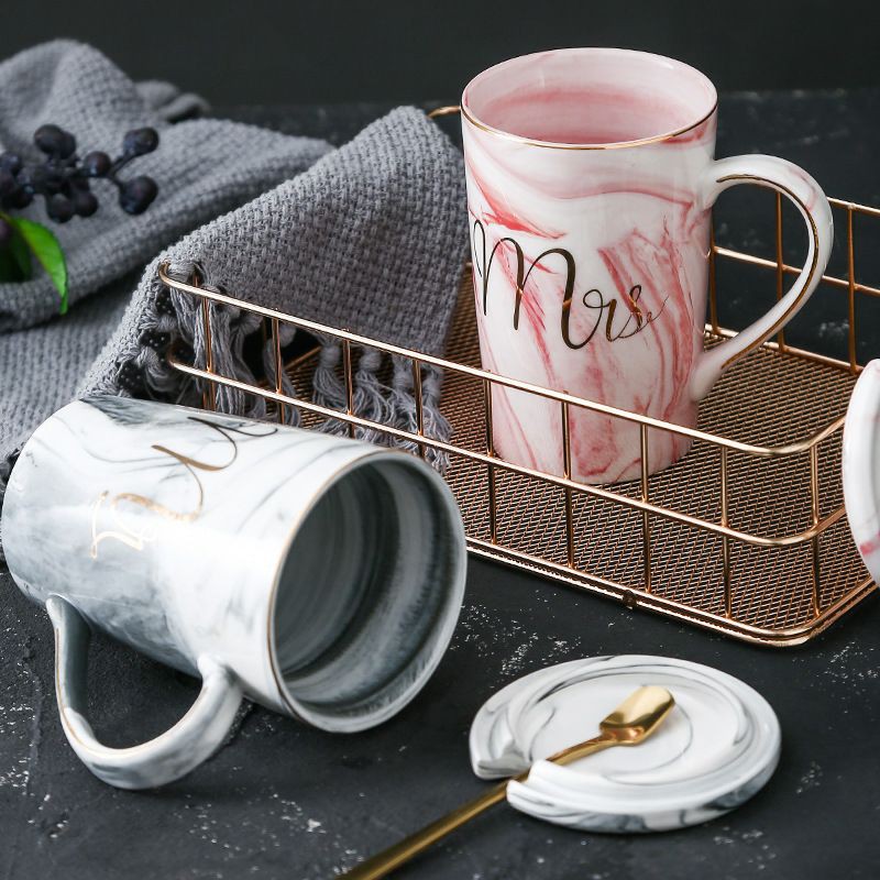 ( GARANSI PECAH )Ceramic Mug Cup Gelas Motif Marble mr dan mrs tebal lengkap dapat gelas+ tutupgelas