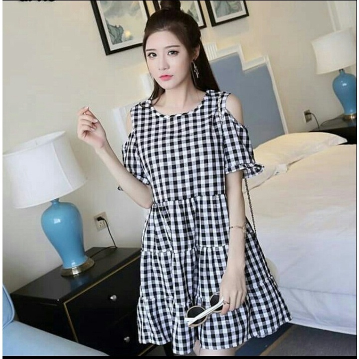 Mini dress Sabrina babol / Dres kotak kotak / gaun mini remaja / Siska kotak / Sabrina shoulder dres kasual