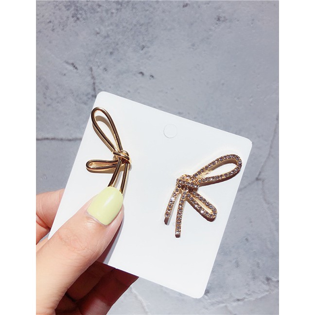 LRC Anting Tusuk Fashion Gold Rhinestone Bow S925 Silver Needle Earrings D00267