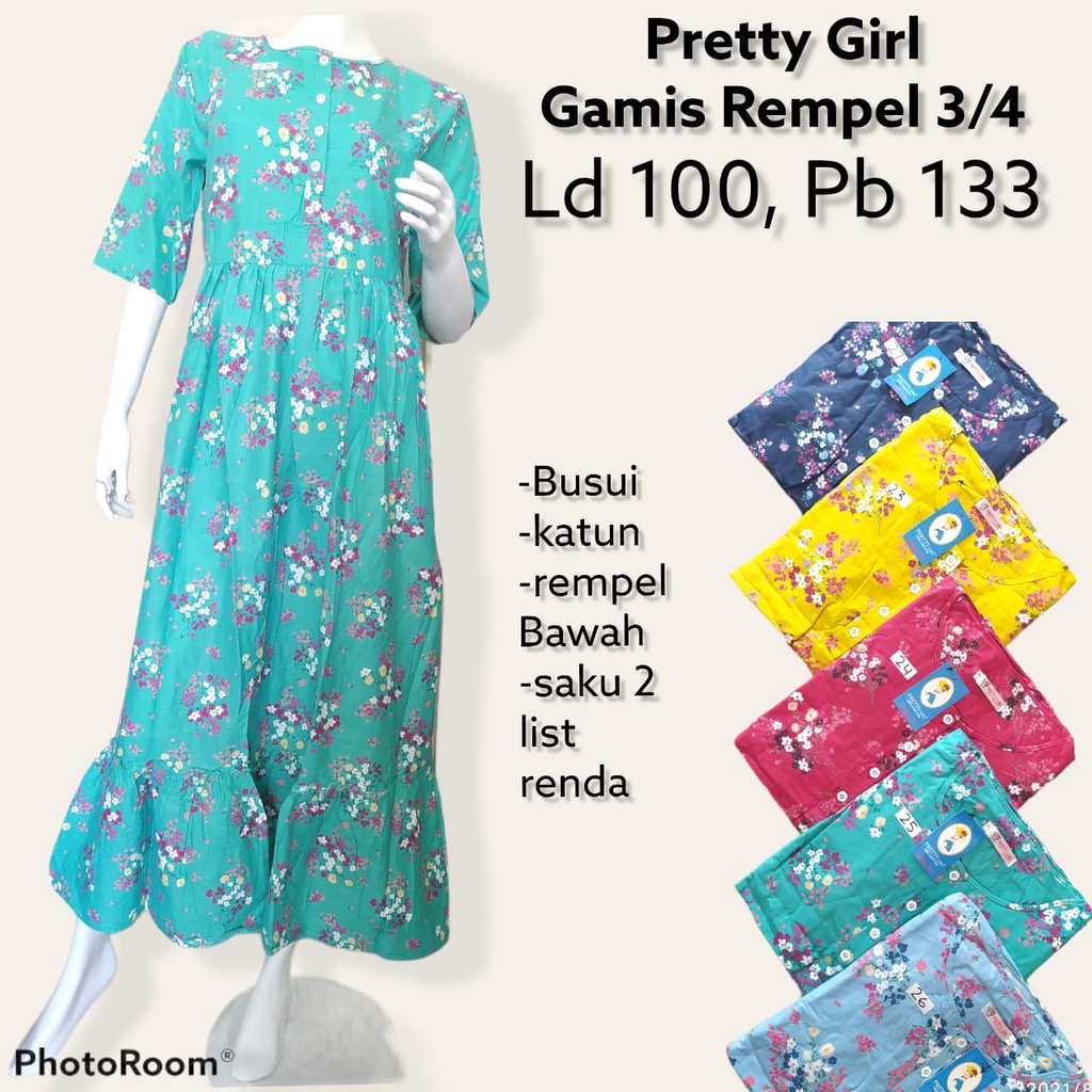 pretty Girl Gamis rempel lengan 3/4 katun busui bumil friendly