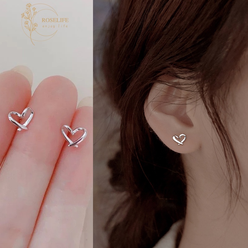 Roselife 1 Pasang Anting Tusuk Sterling Silver 925 Desain Hati / Salib Hypoallergenic Untuk Wanita