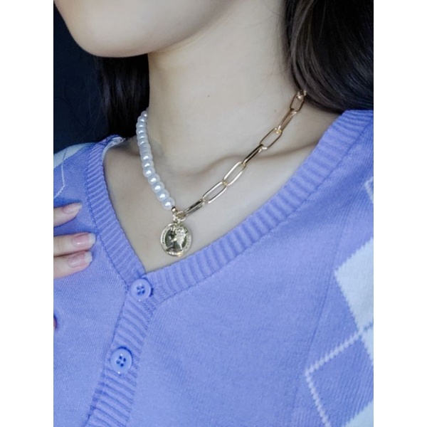 Rebecca Coin Pearl Chain Choker Necklace Kalung Korea Mutiara Rantai Kombinasi Charm Koin Elizabeth