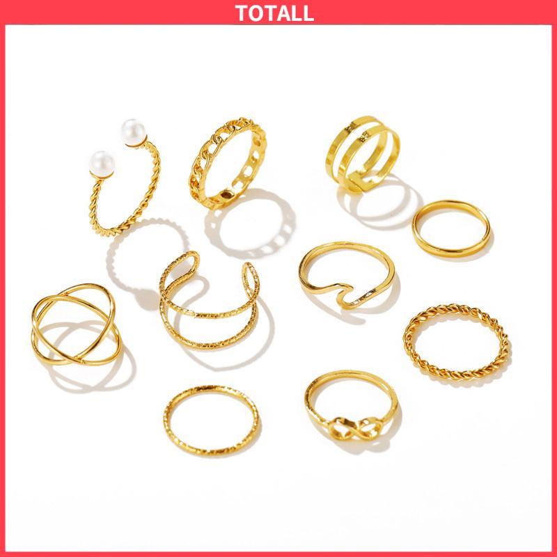 COD 10 Buah Set Wanita Kreatif Sederhana Manik-manik Ganda Cincin Gabungan Geometri Gelombang Mutiara-Totall