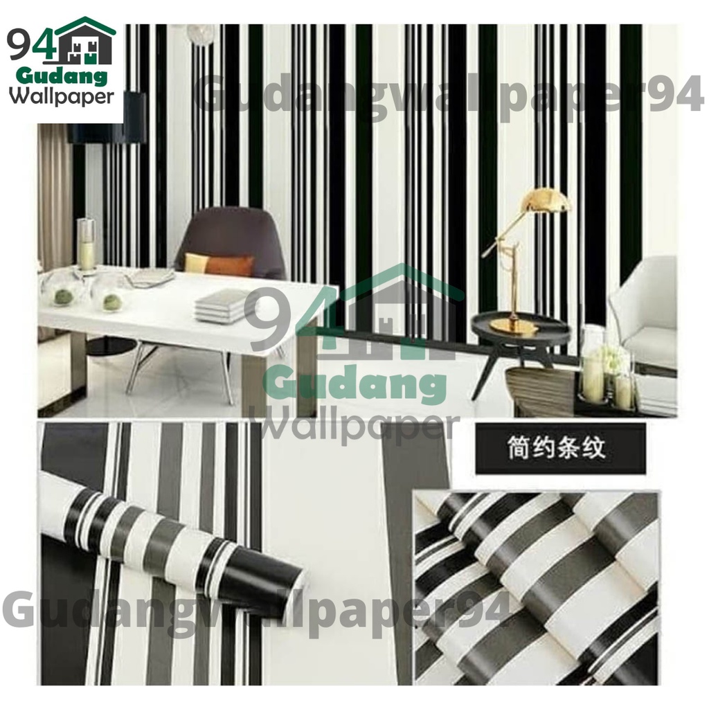 (COD) Gudang Wallpaper Sticker Dinding kamar Premium anti air Murah Dan Terbaik Motif Garis Hitam Bahan PVC Premium (SUDAH ADA LEM)