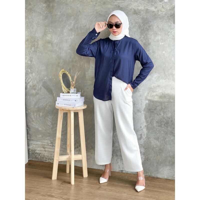 Kemeja Wanita Rayon Premium Bahan Adem Banget Termurah-navy
