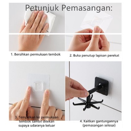 Hook Rak Lem Tempel Dinding Serbaguna Spatula Kunci dapur Putar 6 Kait - HITAM