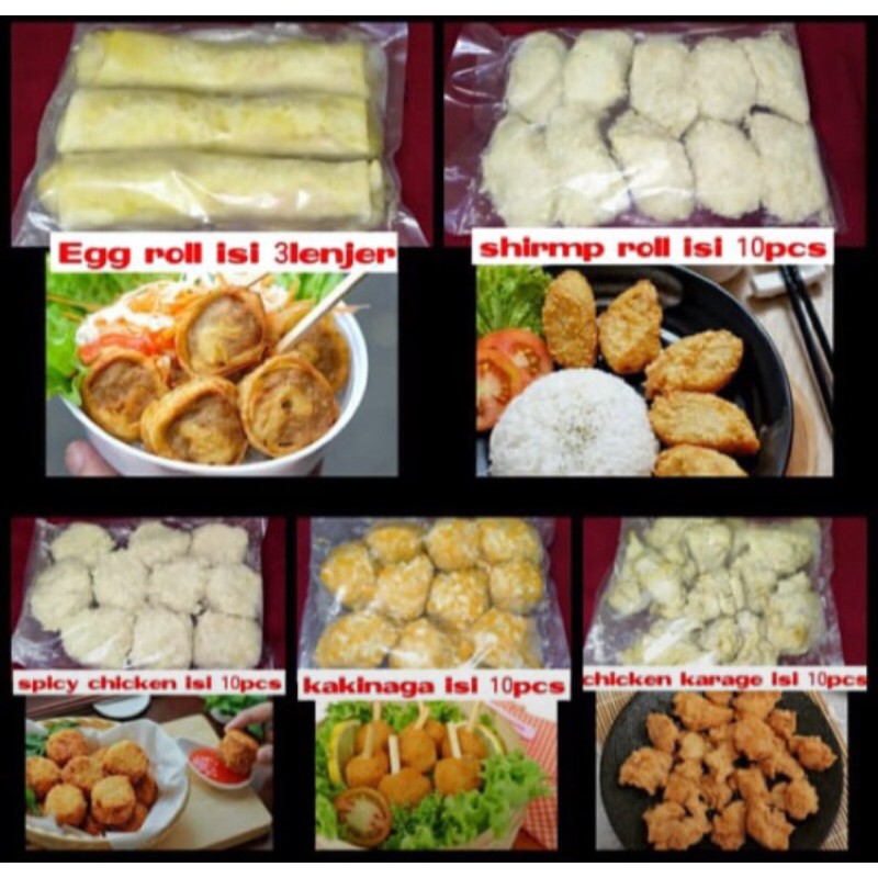 

frozen food ala hokben, egg roll, shrimp roll, chicken katsu, kani roll, dll
