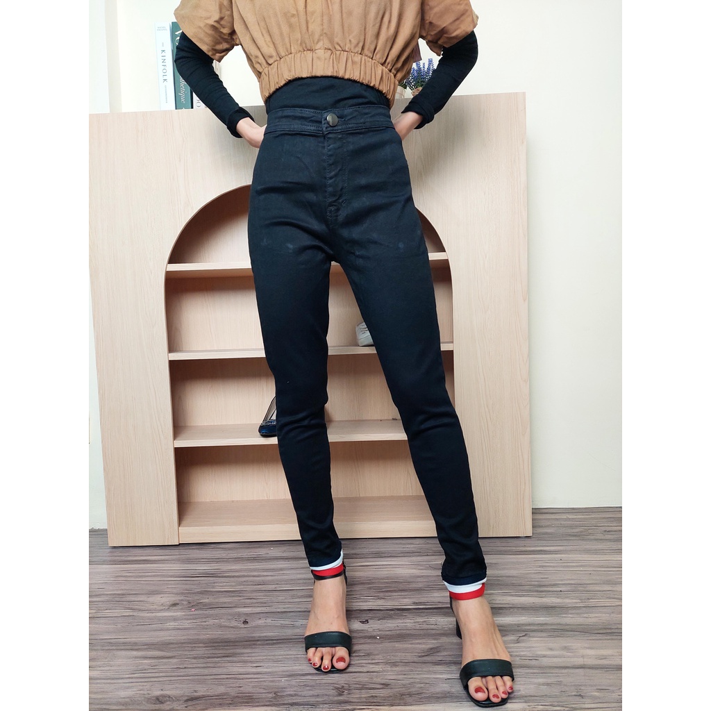 HOPYLOVY SALE - Celana Jeans Stretch Highwaist Wanita List Kaki Karet