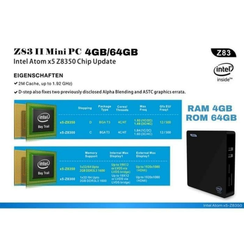 Mini PC Z83 II 4GB Ram 64GB Rom Intel X5 Quadcore HDMI Wifi Windows 10 - Hitam