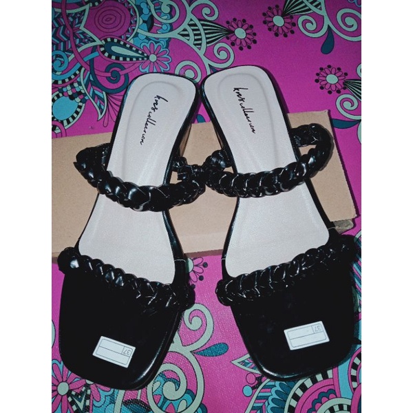 sandal wanita hels 3cm kepang sandal teplek hak tahu