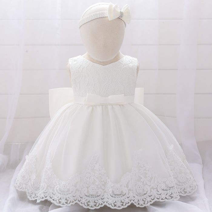 (BISA COD) Dress Pesta Bayi 3 - 18 Bulan . Gaun Baby Import . DP-047 Putih - 90