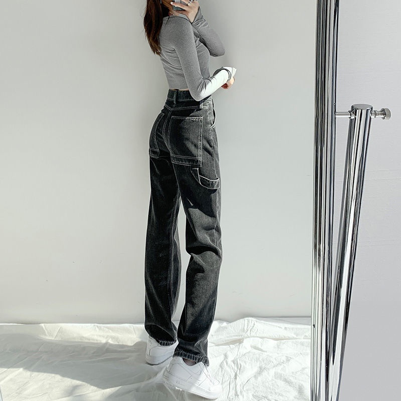 Hitam kekinian boyfriend highwaist longgar Kulot Jeans Wanita Loose
