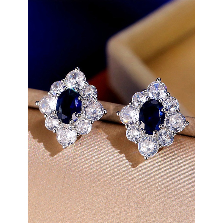 Anting Stud Cubic Zirconia Bentuk Oval Warna Biru Untuk Wanita