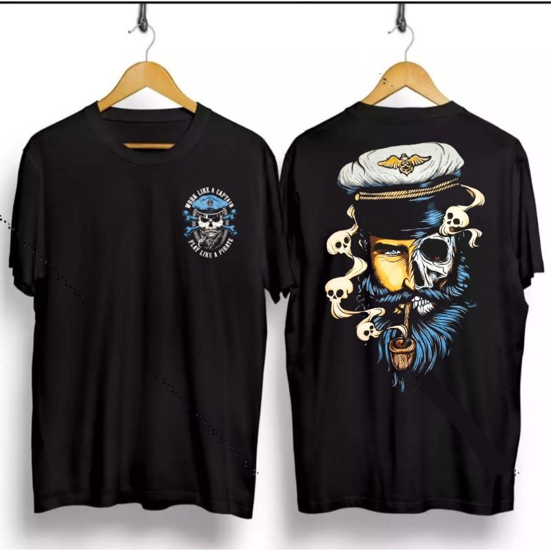 kaos distro lengan pendek motif / bajak laut / bajak laut biru / SID MEROKOK