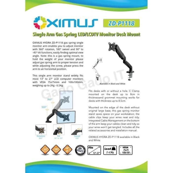 BRACKET TV LED LCD MONITOR GAS SPRING OXIMUS ZDP1118 1118 TILT SWIVEL - HITAM