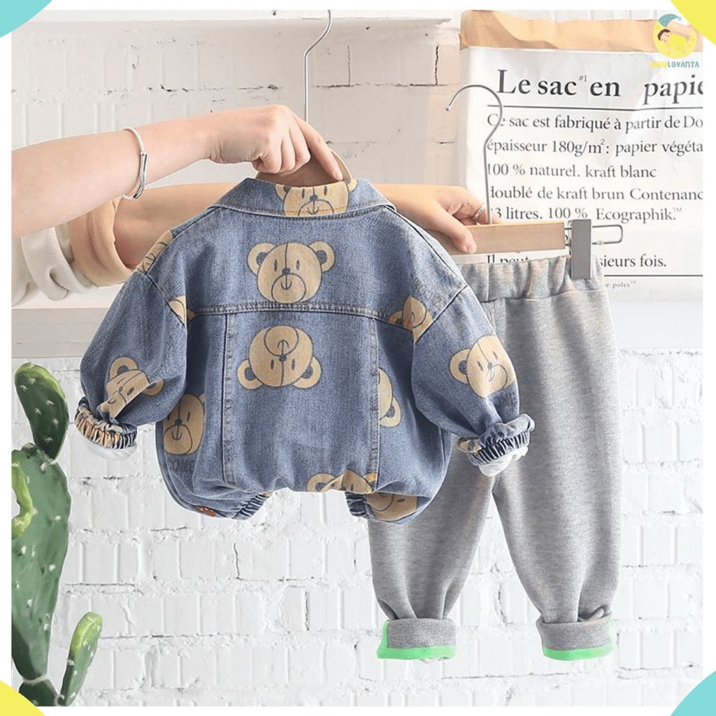 BABYLOVANTA- Setelan anak impor premium 0-5 TAHUN MODEL BEAR DENIM Outwear laki laki lucu