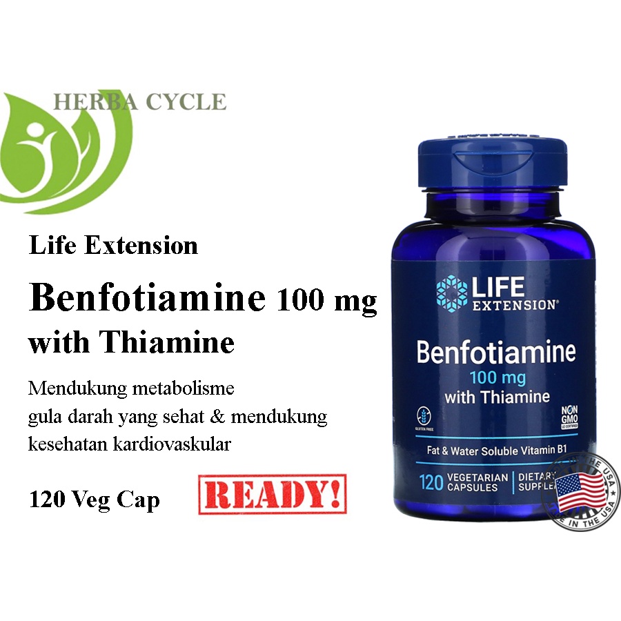 Life Extension Benfotiamine 100 mg w Thiamine 120Veg Vit B1 Larut Lemak dan Air ORI USA