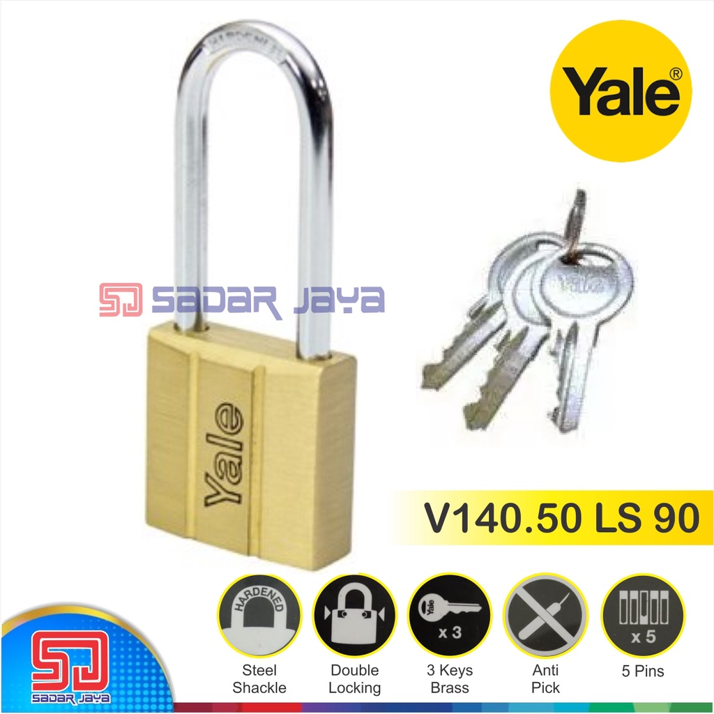 Yale V140.50 LS 90 Gembok Pintu Pagar Kuningan 50mm Leher Panjang 91mm Padlock Brass Hardened Steel