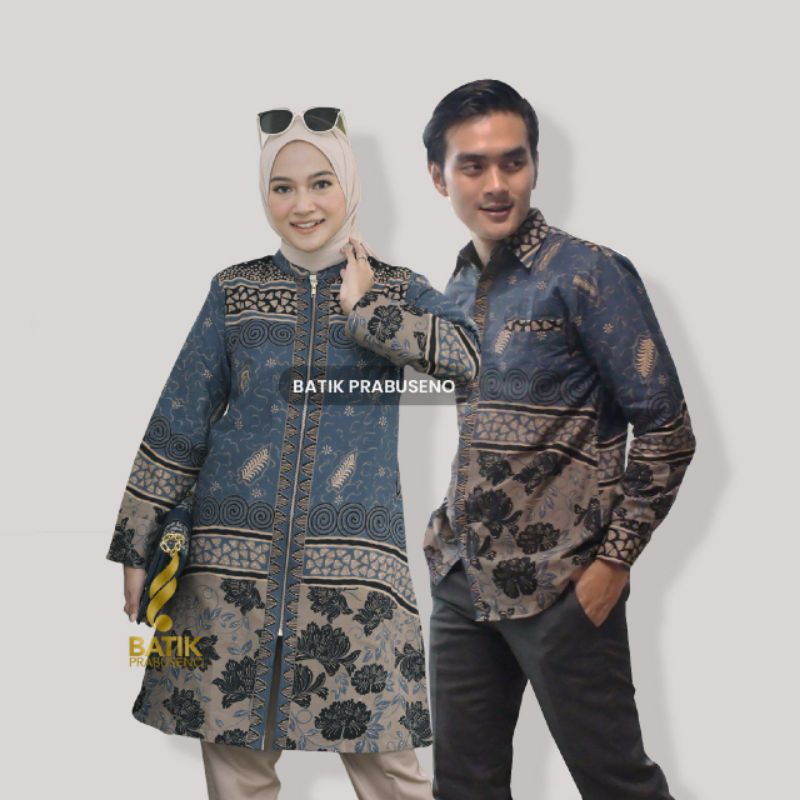 COUPLE WANDA BIRU BY BATIK PRABUSENO ORIGINAL BATIK TERBARU BAJU KANTOR KANTORAN SLIMFIT TUNIK BATIK