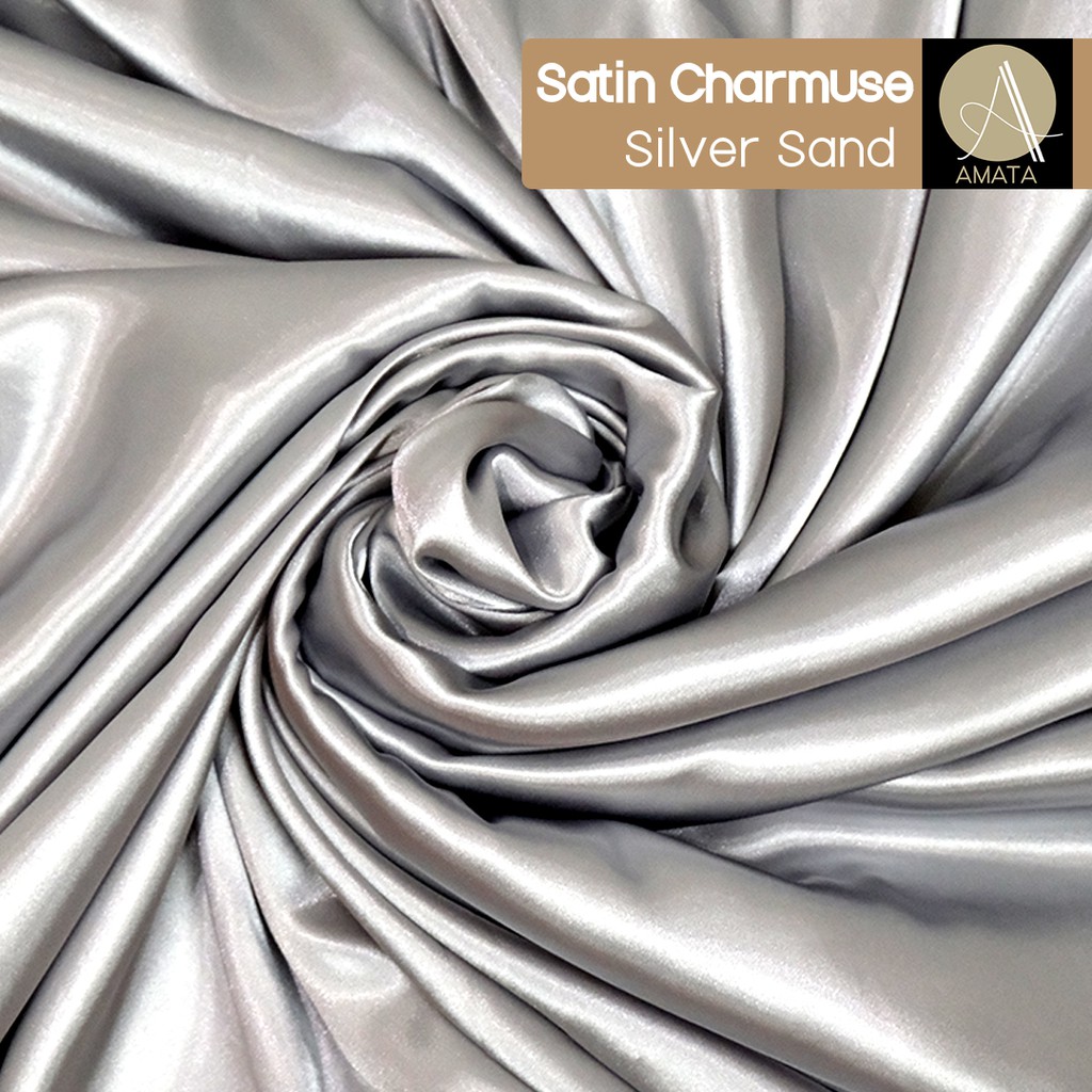 1/2 meter Kain Satin Charmuse / Sateen Silk Premium Silver Sand Amata