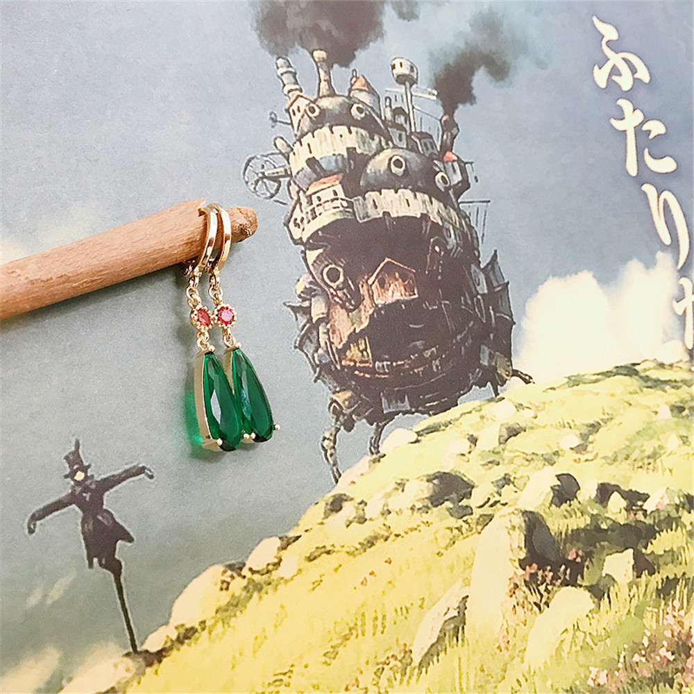 1 Pasang Anting Liontin Batu Permata Hijau Desain Anime Howl 's Moving Castle Gaya Retro Untuk Wanita