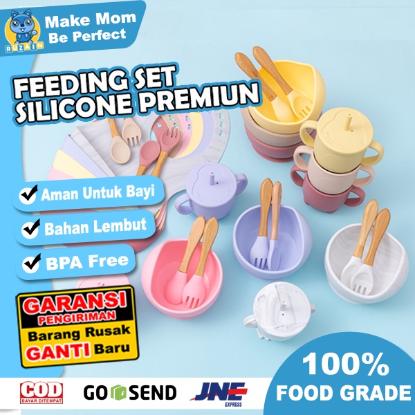 FS | MANGKOK BAYI 3 IN 1 SET SENDOK BIB ANTI SLIP / MANGKUK SET TEMPAT MAKAN ANAK SILIKON / FEEDING SET SUCTION BOWL | RUZAIN MALL