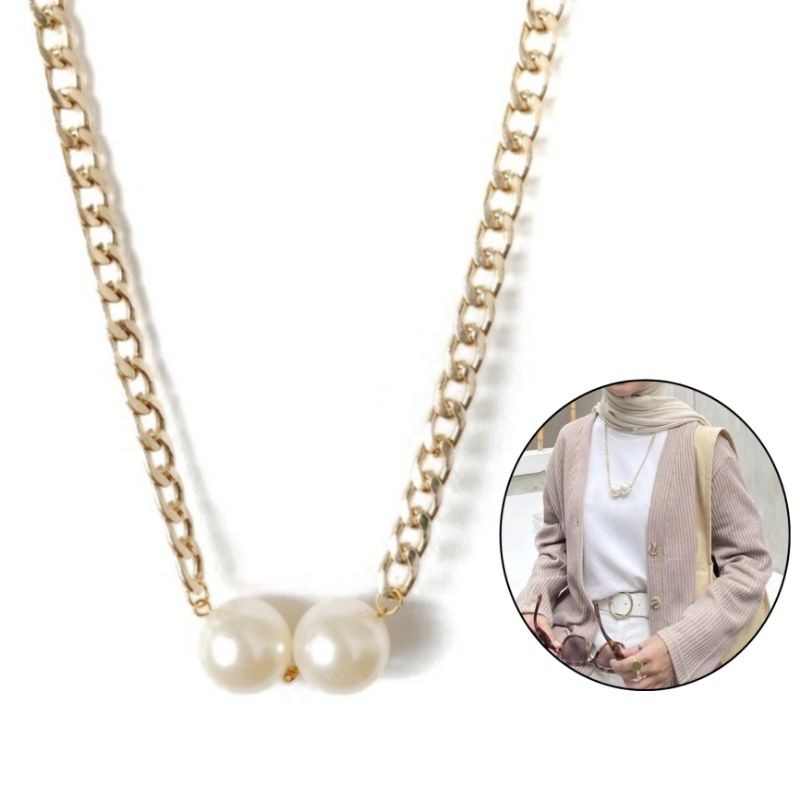 Kalung Panjang Korea Dua Mutiara Jumbo Kalung Hijab Pearl Korean Necklace