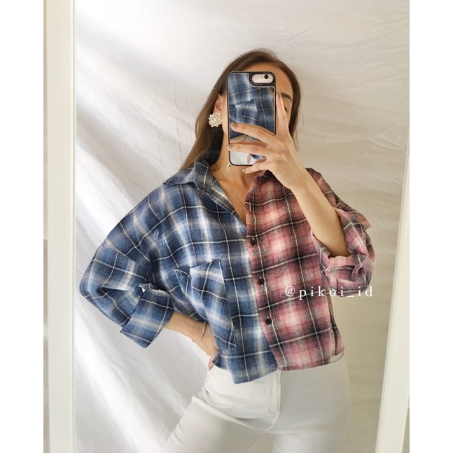 Crop top flanel wanita / kemeja flanel cewek / kemeja kotak flanel kombinasi hem flanel wanita combi