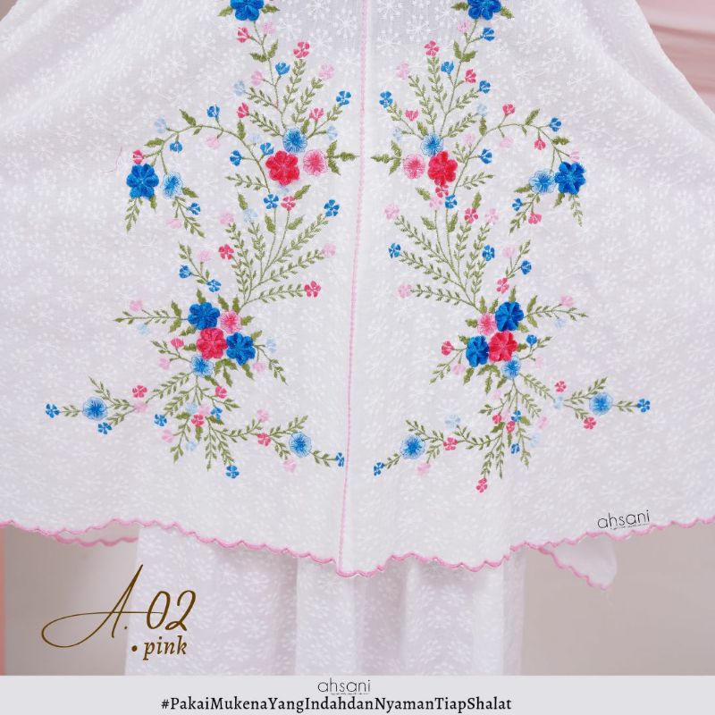AHSANI Mukena A.02 Pink Dewasa Jumbo Putih Katun Paris Bordir Original Modern Premium Jumbo Mewah Sa
