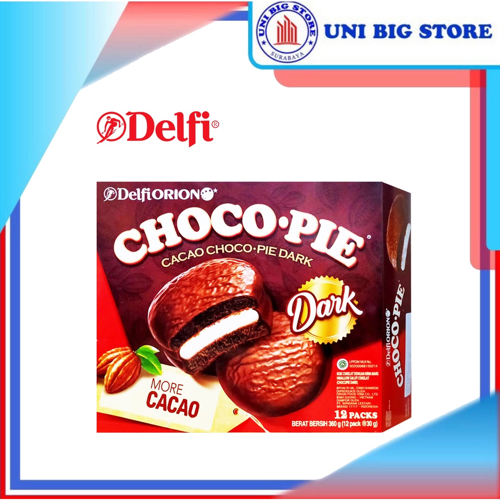 

Delfi Orion Choco Pie Dark Chocolate 360 Gr BOX 12 Pcs x 30 gr Kue Coklat