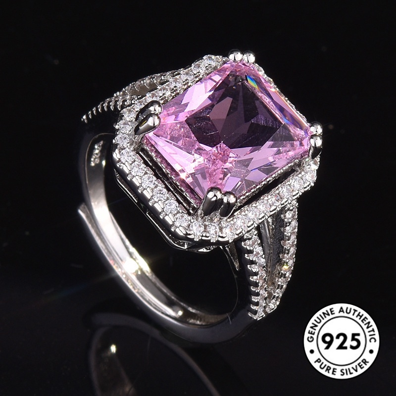 Cincin Berlian Persegi Panjang Warna Pink Bahan S925 Silver