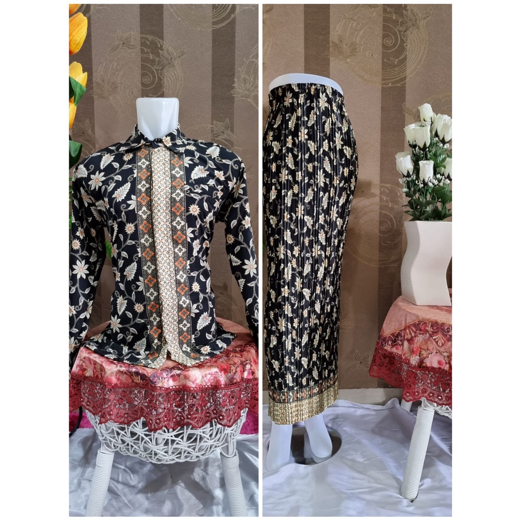 Kemeja Couple Rok Plisket Lengan Panjang | Sale Kemeja Premium | Kemeja Semi Sutra | Couple Rok Plisket dan Kemeja HEM Batik dan Rok Plisket Batik Maxi JUMBO